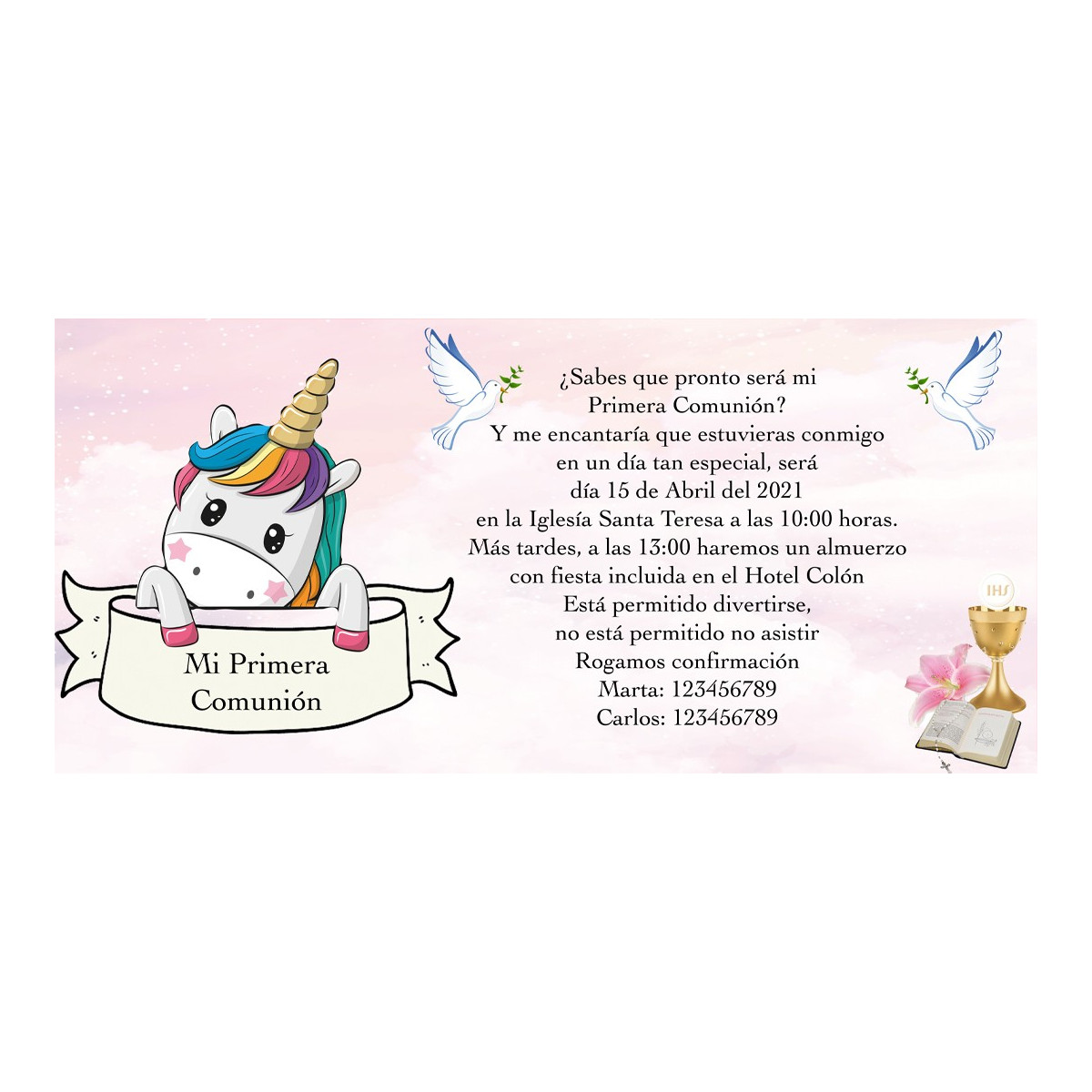 Invito di unicorno per comunione personalizzato