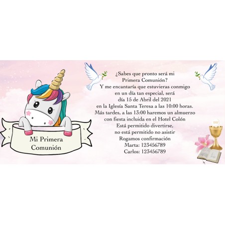 Invito di unicorno per comunione personalizzato