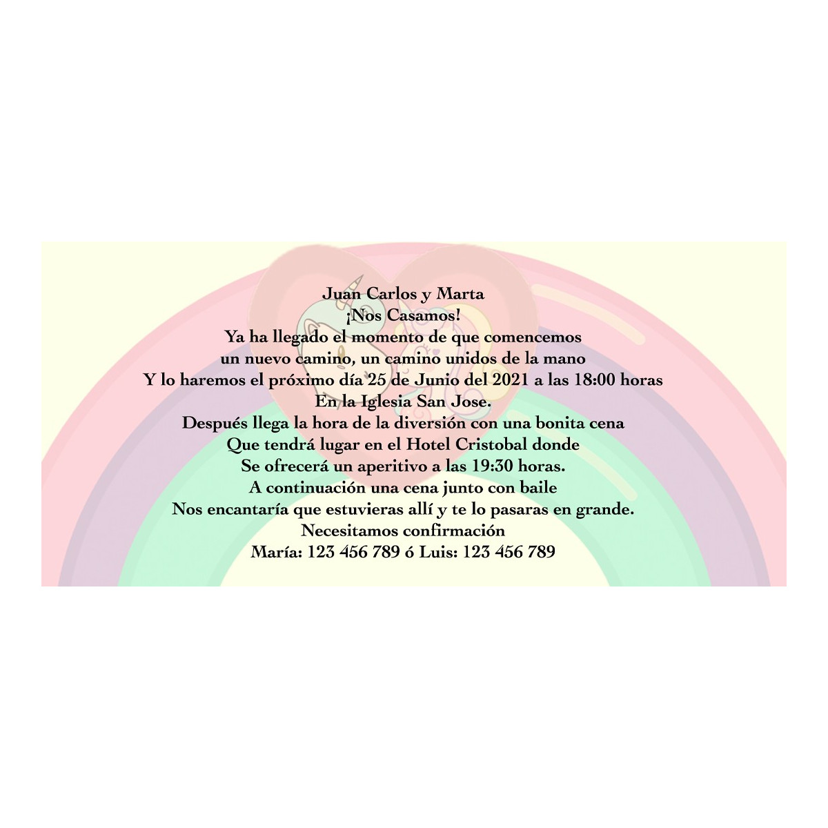 Inviti di matrimonio unicorno e arcobaleno