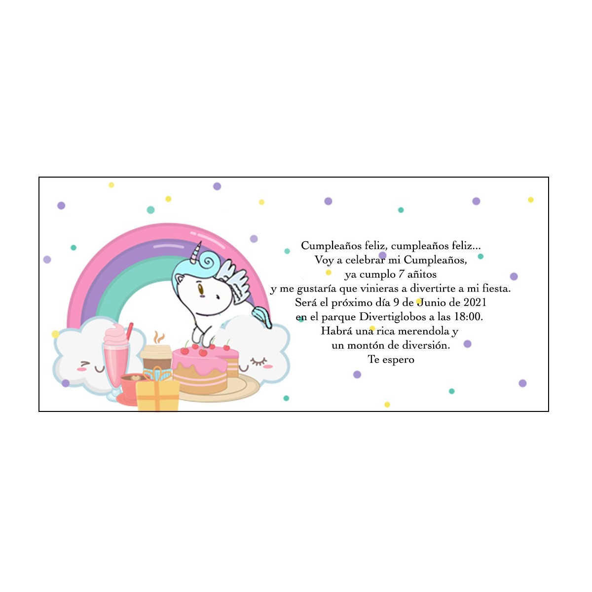 Invito unicorno arcobaleno personalizzato per il compleanno
