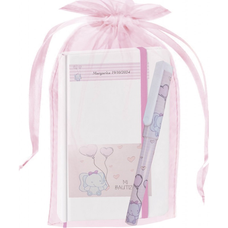 Libretto elefante personalizzato con penna e sacchetto in organza battesimo