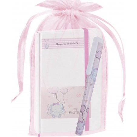 Libretto elefante personalizzato con penna e sacchetto in organza battesimo