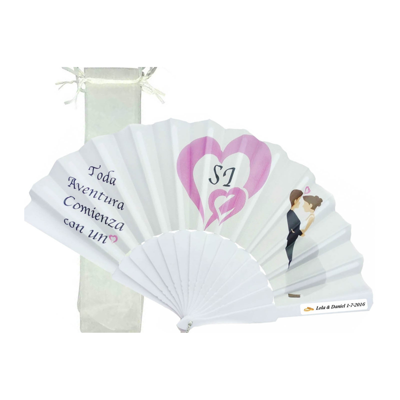 Ventilatore personalizzato per matrimoni con borsa in organza