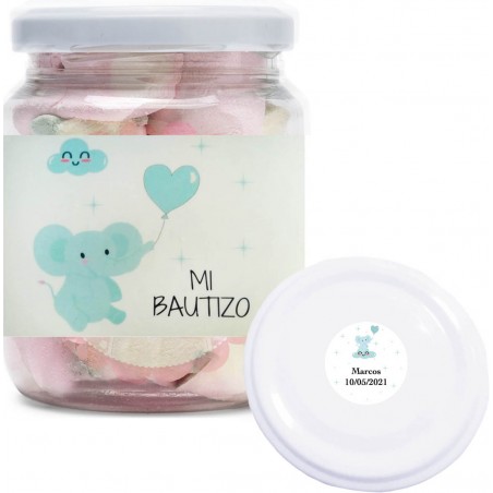 Bottiglia di battesimo in pvc trasparente personalizzata con nuvole dolci