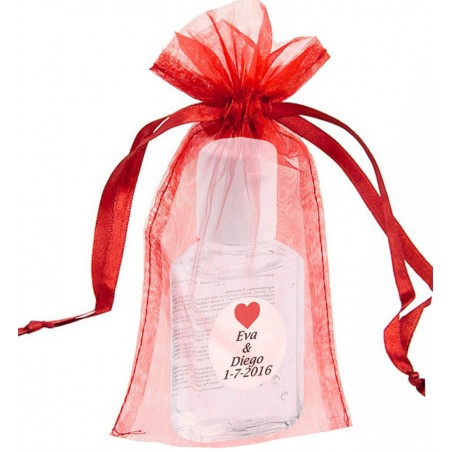 Gel igienizzante con adesivo personalizzato, presentato in sacchetto di organza