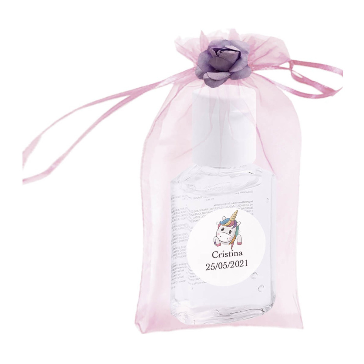 Gel igienizzante in busta con fiore e adesivo personalizzato con nome e data
