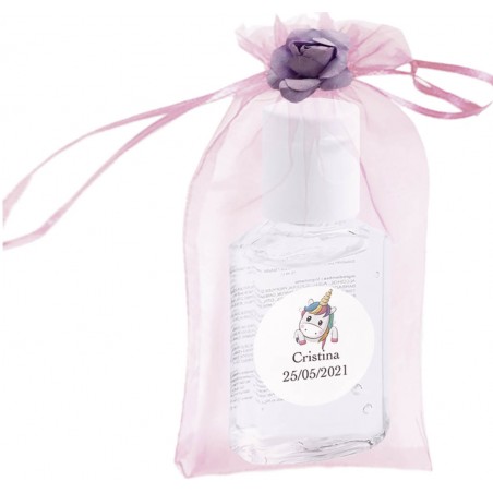 Gel igienizzante in busta con fiore e adesivo personalizzato con nome e data
