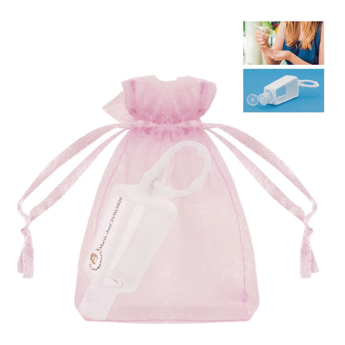 Flacone di gel igienizzante ricaricabile con sacchetto in organza per comunione di bambina personalizzato