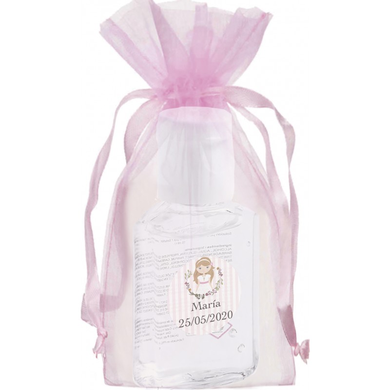 Gel igienizzante personalizzato con adesivo per la comunione in sacchetto di organza