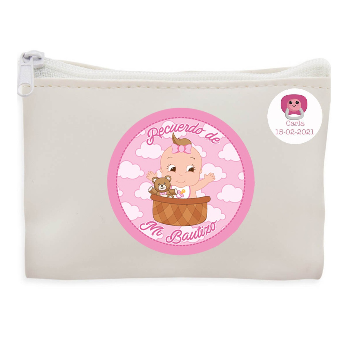 Borsa bianca con adesivi per battesimo