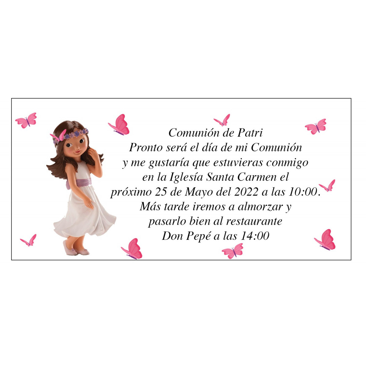 Invito alla comunione di patri girl con farfalle