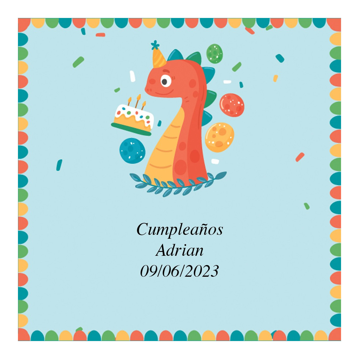 Adesivo di compleanno design dinosauro di 5x5 cm