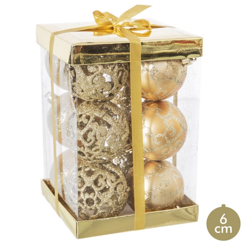 S 12 palline in plastica decorata oro 6 x 6 x 6 cm