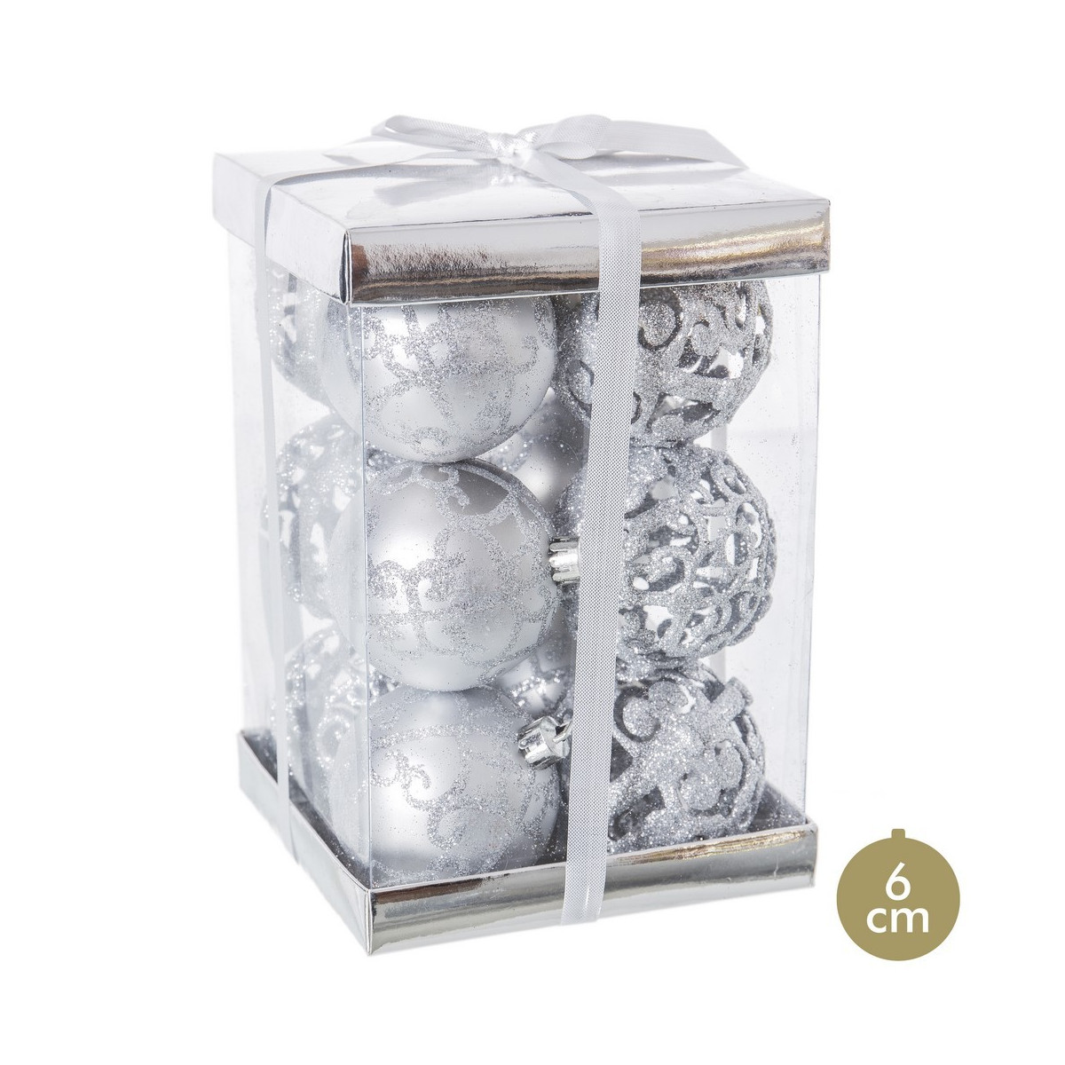 S 12 palline decorate in plastica argento 6 x 6 x 6 cm