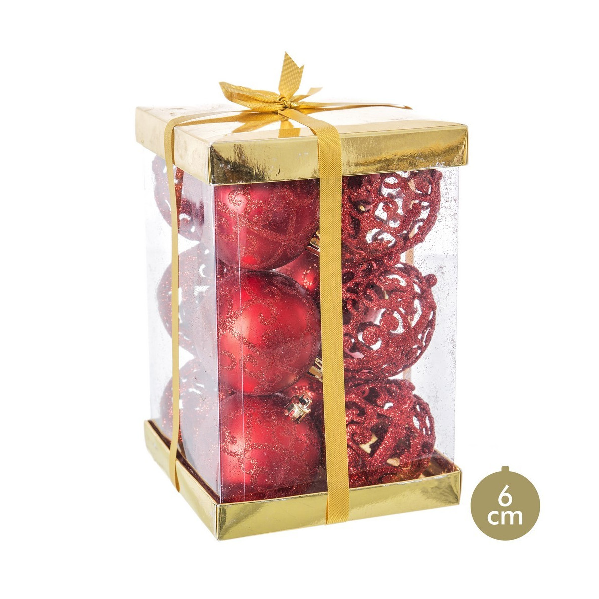 S 12 palline di plastica decorate rosse 6 x 6 x 6 cm