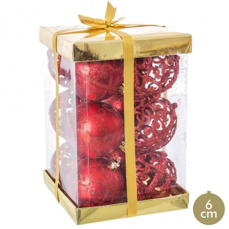 S 12 palline di plastica decorate rosse 6 x 6 x 6 cm