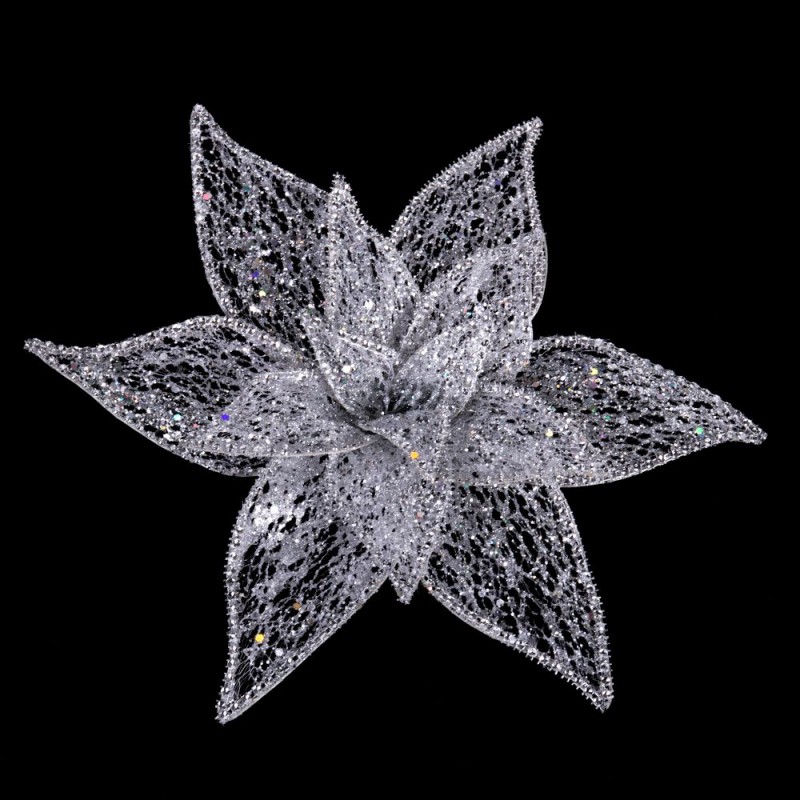 Poinsettia con clip organza argento 30 cm