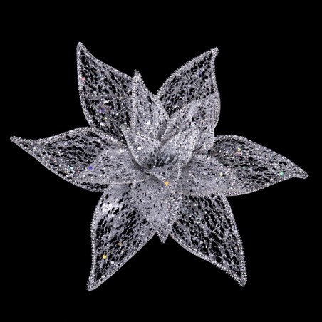 Poinsettia con clip organza argento 30 cm
