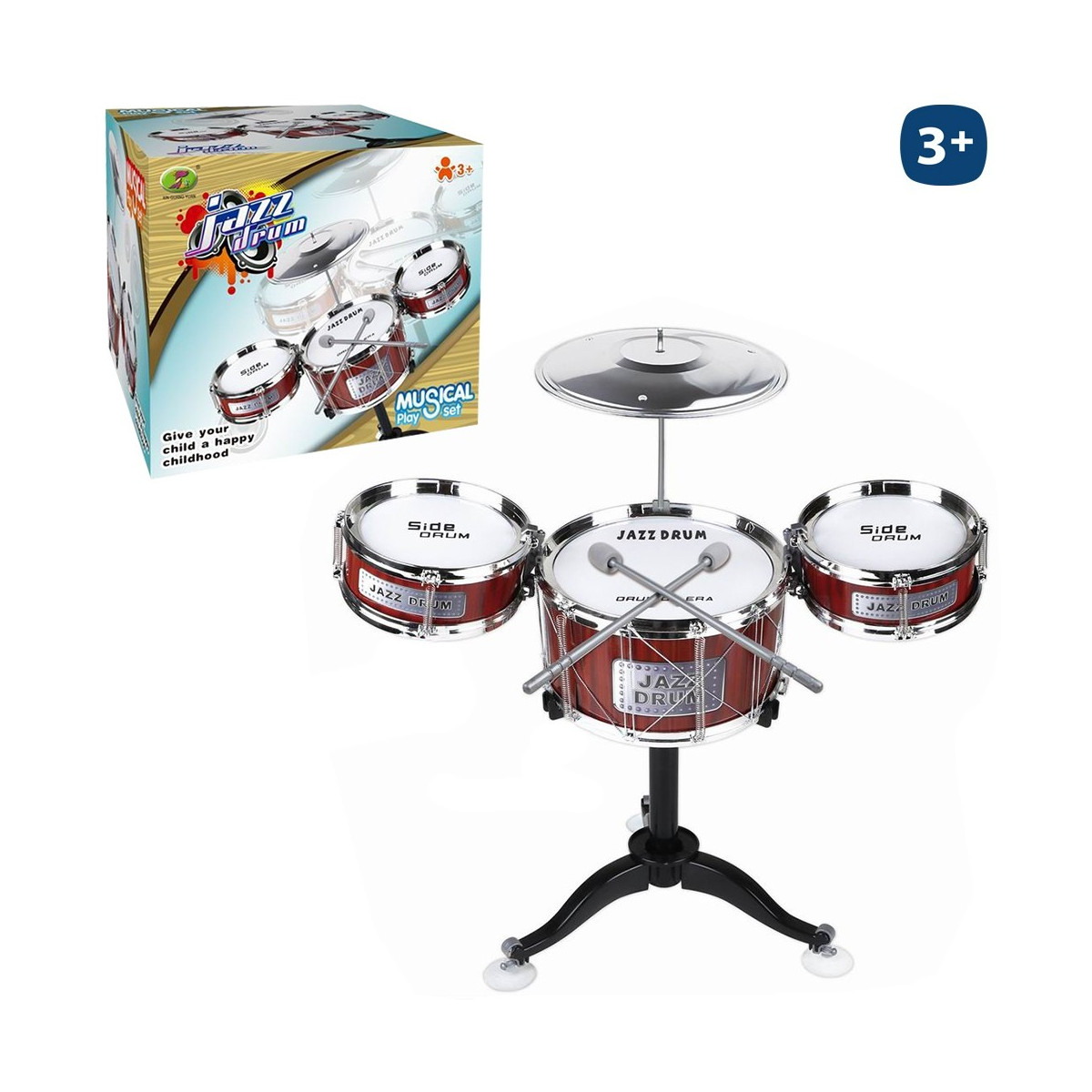 Batteria 3 timbali 1 piatto 2 bacchette 52 x 60 cm