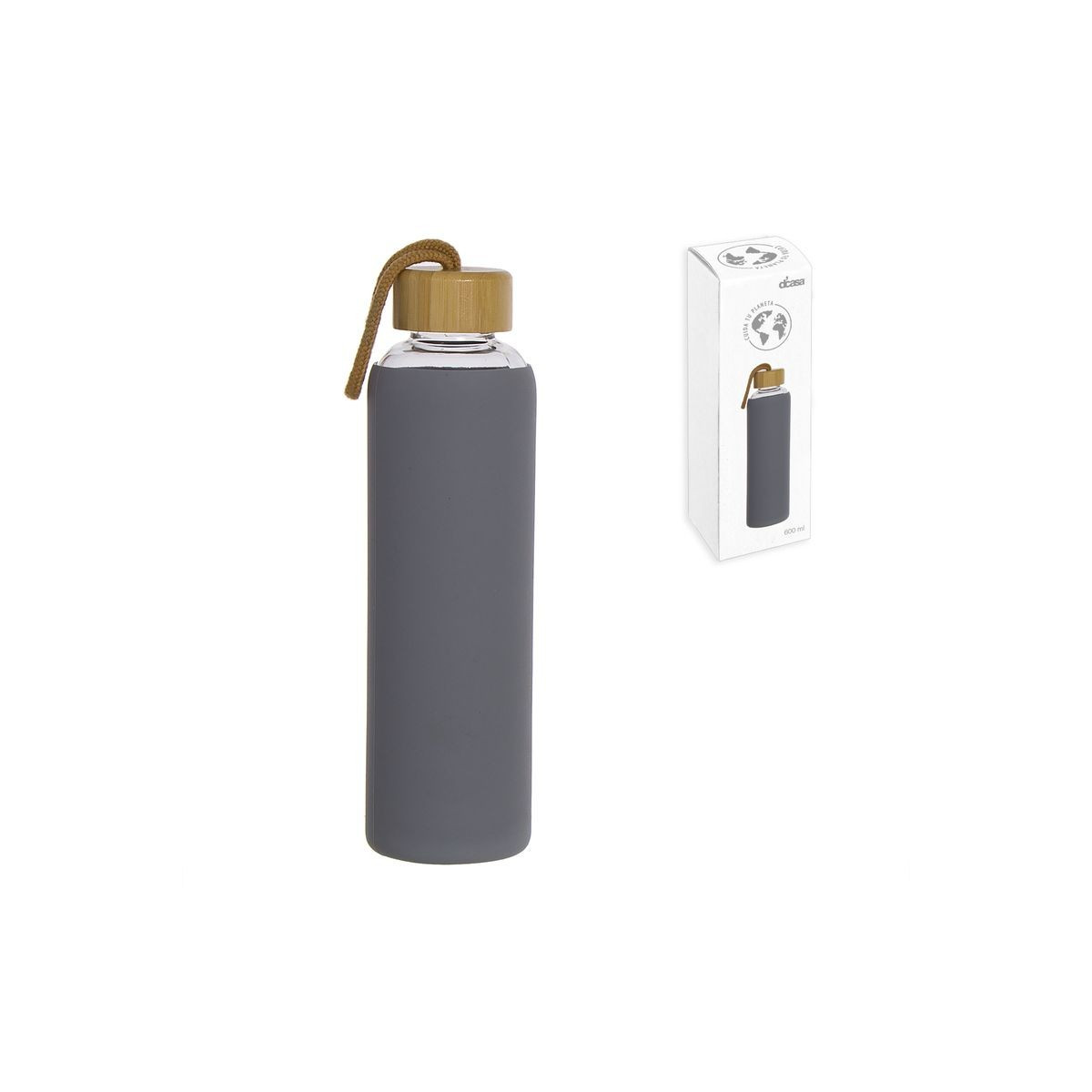 Bottiglia in vetro da 600 ml con custodia in silicone e coperchio in bambù grigio