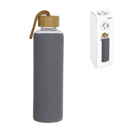 Bottiglia in vetro da 600 ml con custodia in silicone e coperchio in bambù grigio