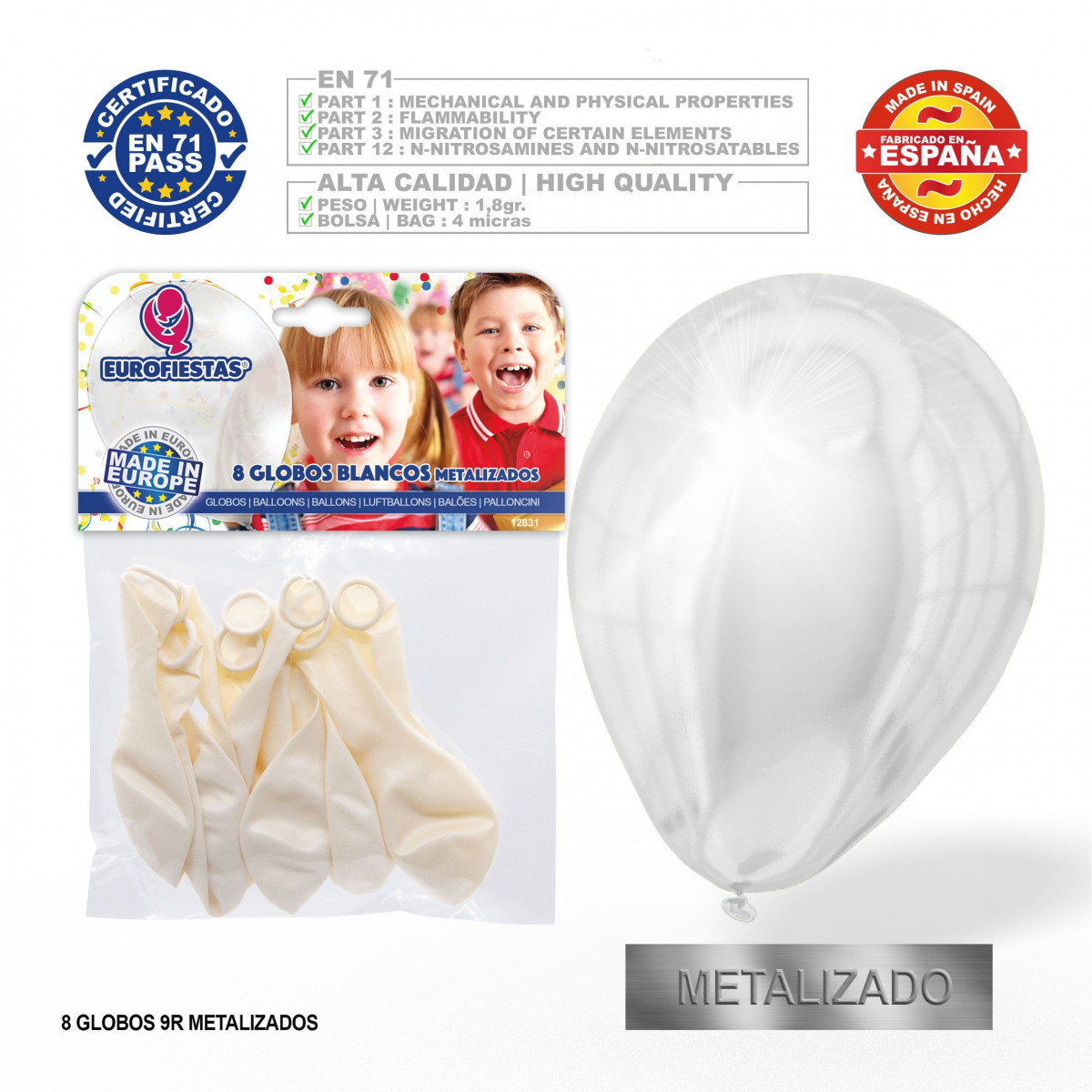 Pacchetto di palloncini metallici bianchi 9r 8 unità