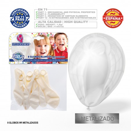 Pacchetto di palloncini metallici bianchi 9r 8 unità