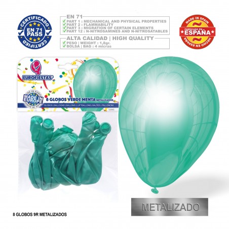 Pacchetto di palloncini metallici verde menta 9r 8 unità