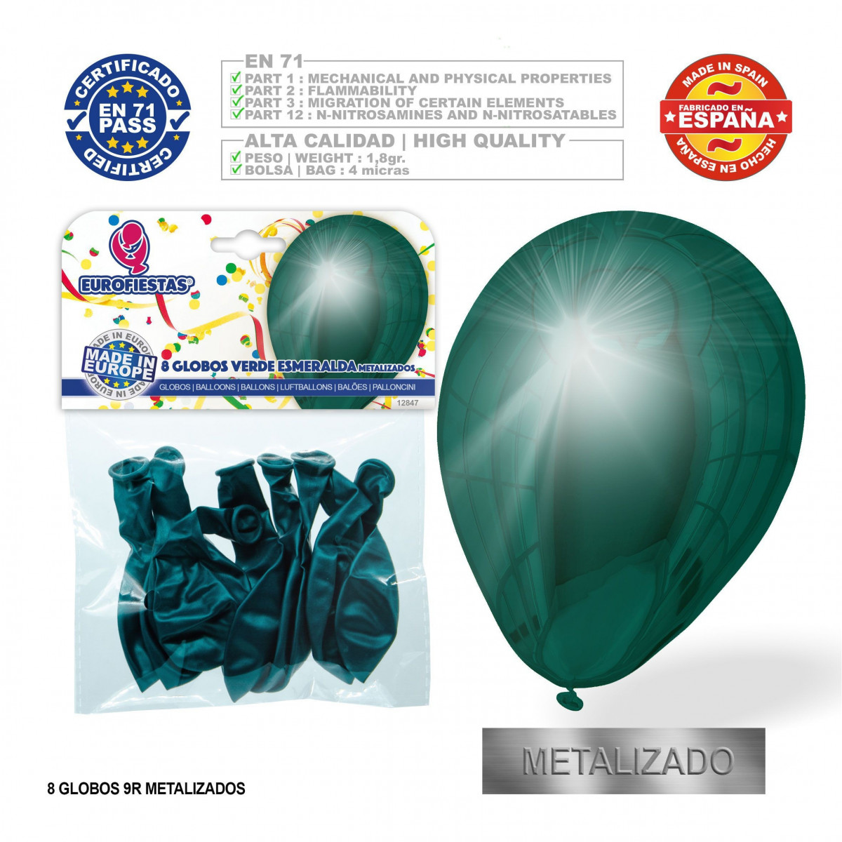 Palloncino metallico verde smeraldo 9r 8 unità