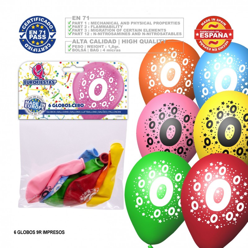 Palloncino colori assortiti 9r numero 0 stampato 6 unità