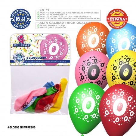 Palloncino colori assortiti 9r numero 0 stampato 6 unità