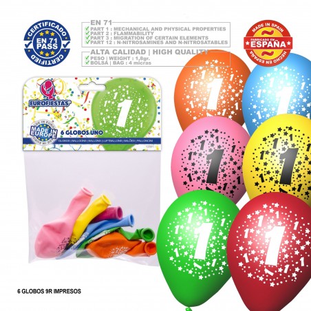 Pacco di palloni assortiti colori 9r numero 1 stampato 6 unità
