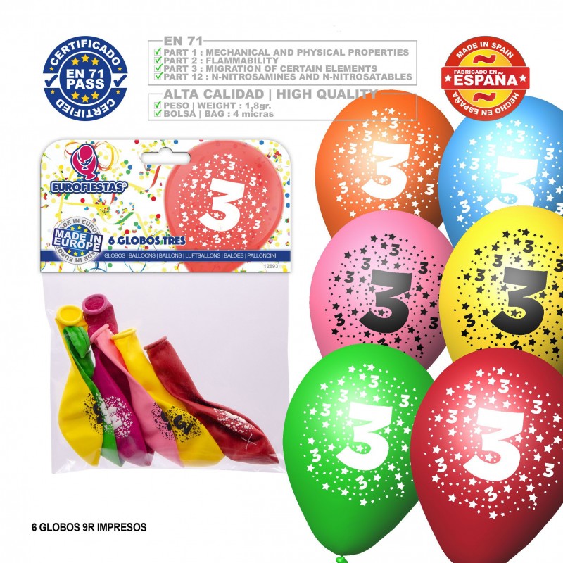 Pacchetto di palloncini colori assortiti 9r numero 3 stampato 6 unità