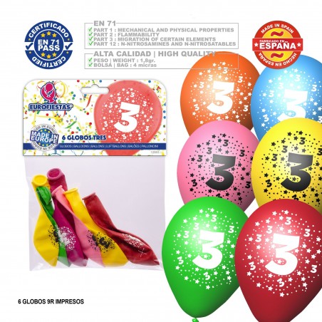 Pacchetto di palloncini colori assortiti 9r numero 3 stampato 6 unità