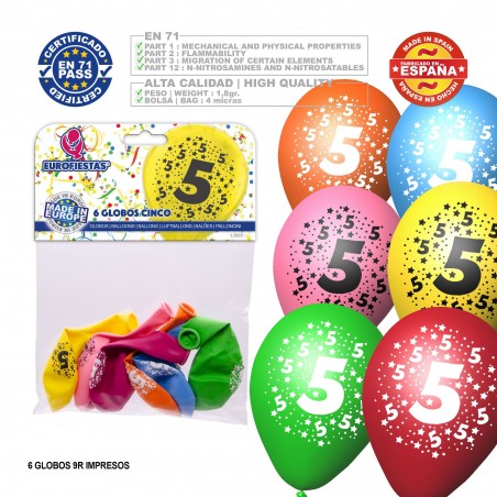 Pacco palloncini colori assortiti 9r numero 5 stampato 6 unità