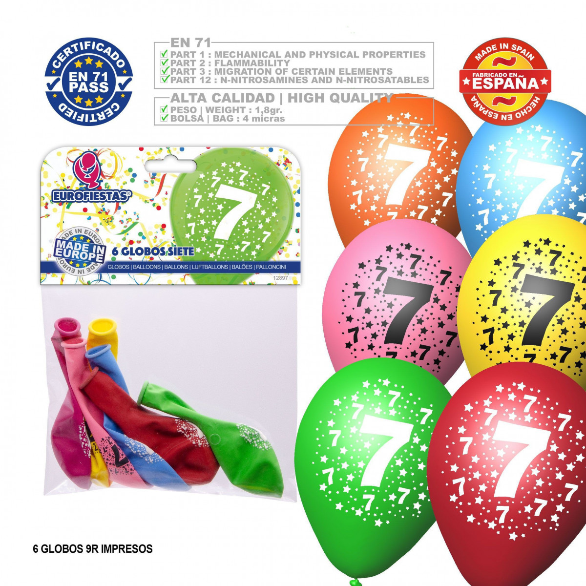 Pacchetto di palloncini colorati assortiti 9r numero 7 stampato 6 unità