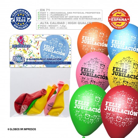 Pacco palloni colori assortiti 9r felice pensionamento stampato 6 unità