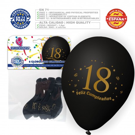 Pacchetto di palloncini felice 18 compleanno 6 neri