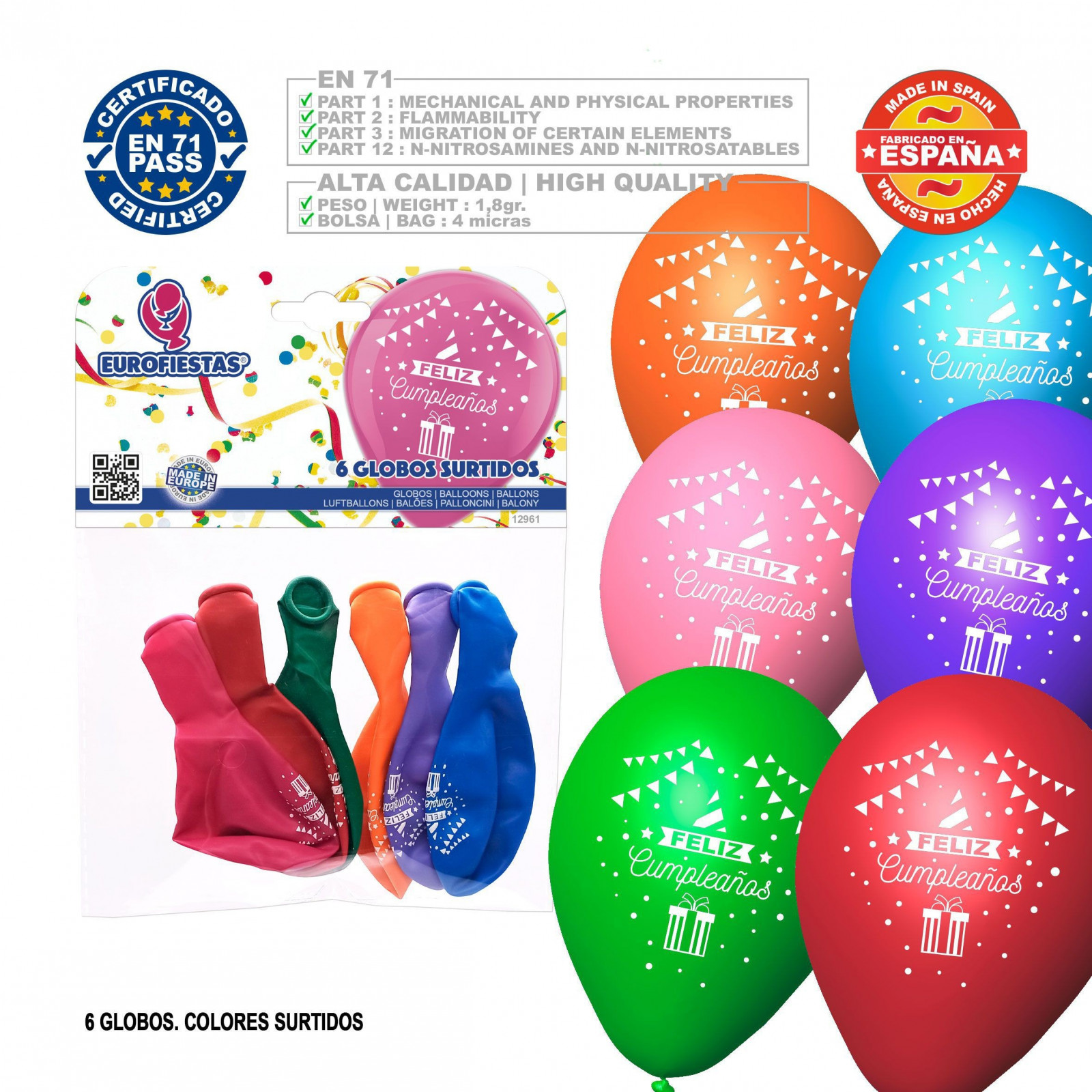 Pacco palloncini felice compleanno 6 assortiti