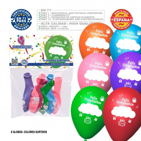 Pacco palloncini felice compleanno 6 assortiti