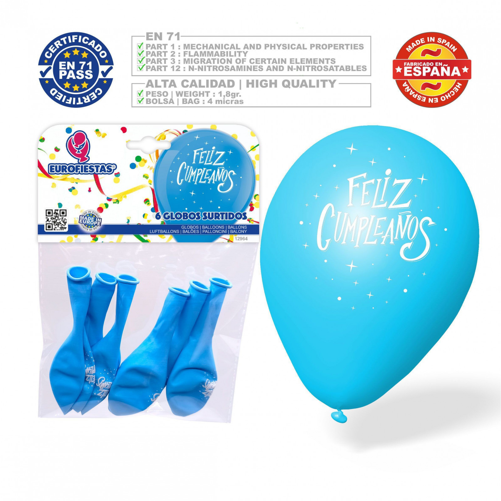 Pacco di palloncini felice compleanno 6 celeste