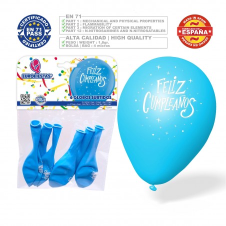 Pacco di palloncini felice compleanno 6 celeste