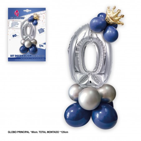 Set di palloncini con corona in alluminio 80 cm 0 argento blu