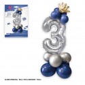 Set globo foil corona 80cm 3 argento blu