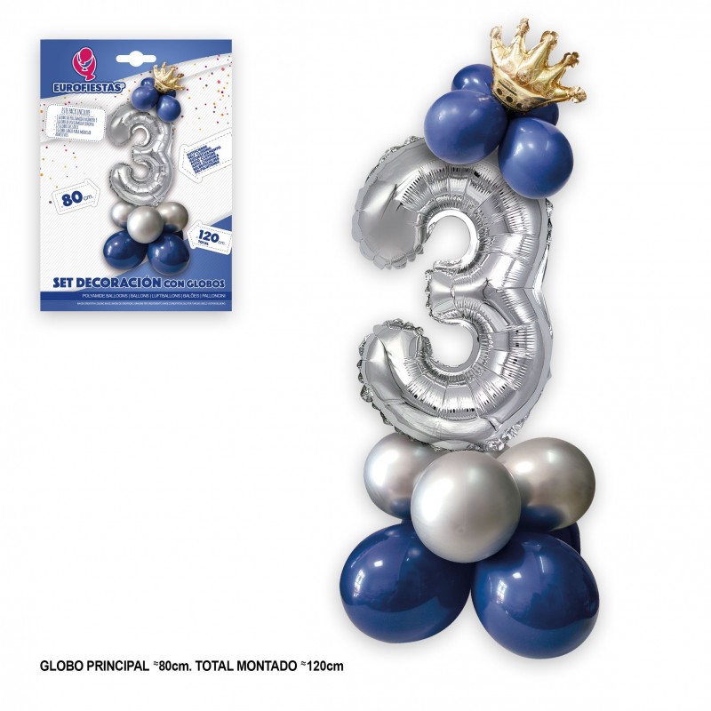 Set globo foil corona 80cm 3 argento blu
