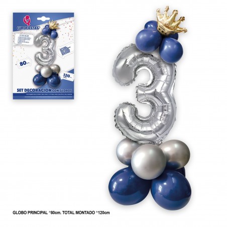 Set globo foil corona 80cm 3 argento blu