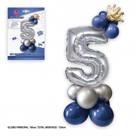 Set di palloncini foil a forma di corona 80 cm 5 blu argento