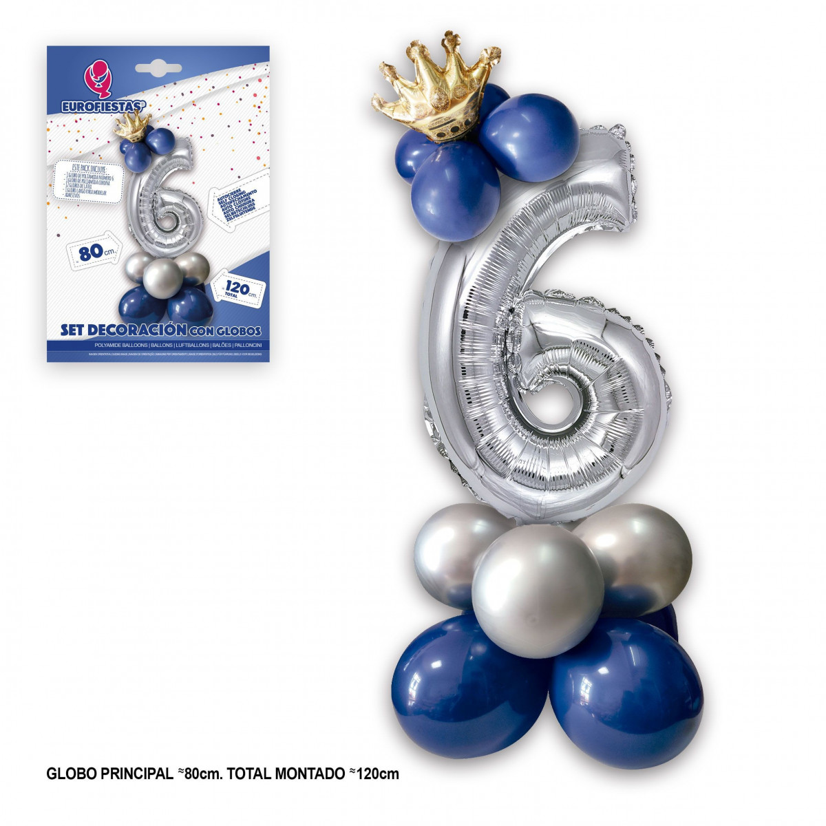 Set di palloncini foil a forma di corona 80 cm 6 blu argento