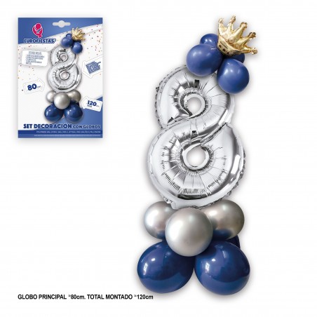 Set di palloncini foil corona 80 cm 8 argento blu