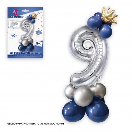 Set di palloncini foil corona 80 cm 9 argento blu